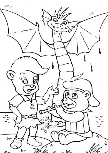 Online coloring book: Sani is looking at her friend who is playing the flute